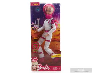 A pink Curiosity rover is featured on the back of the Mars Explorer Barbie box. Image released Aug. 5, 2013.
