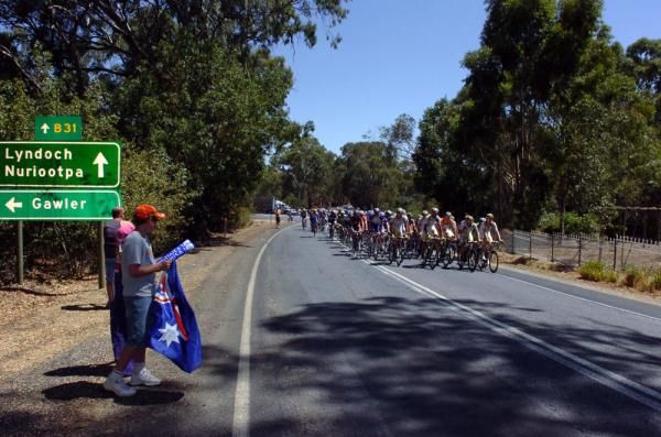 Fans greet the peloton on stage two of the Tour Down Under