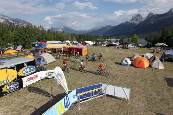 The race village with the Bow River Valley in the background.