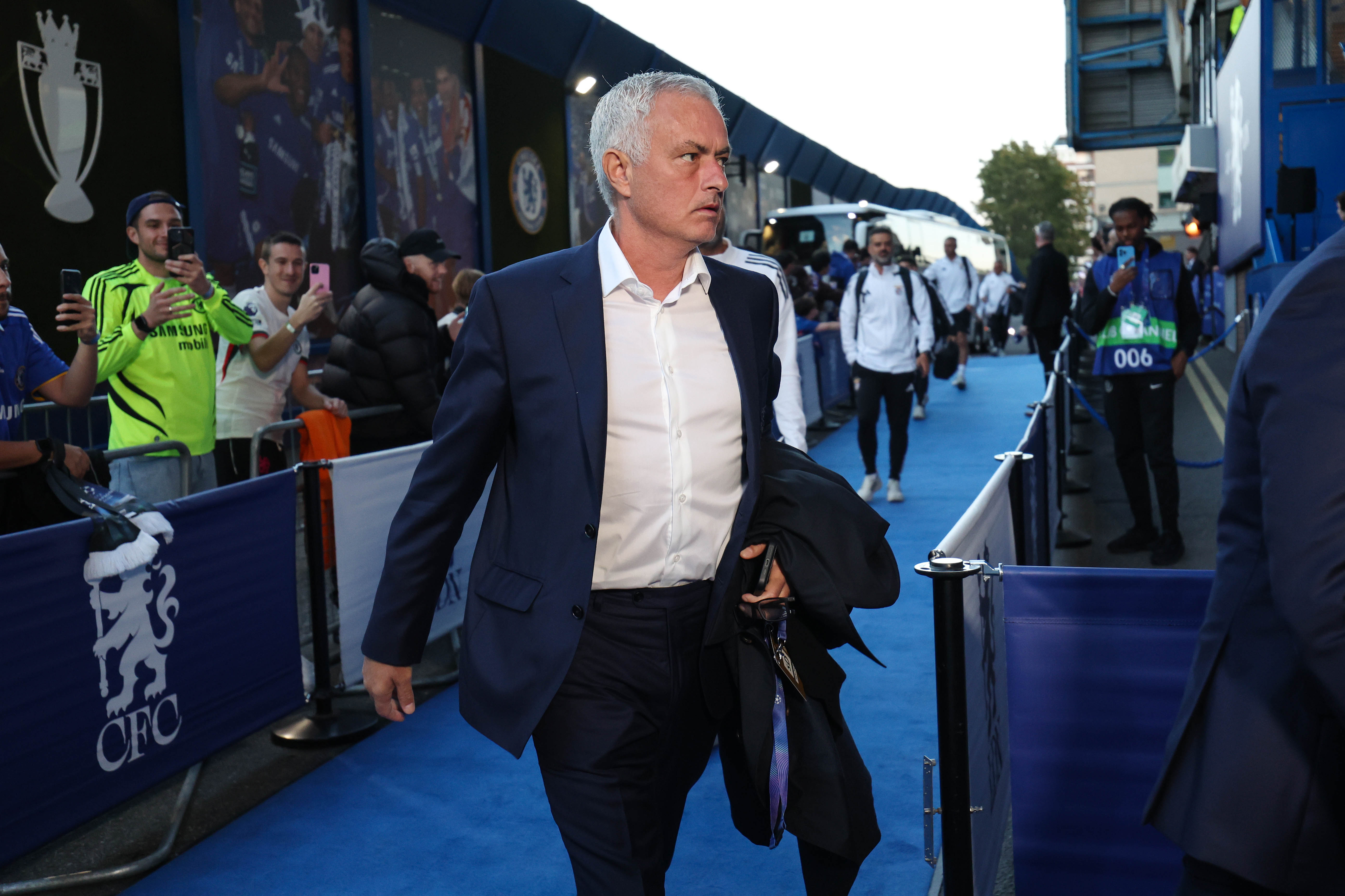 LONDON, ENGLAND - SEPTEMBER 30: Benfica head coach Jose Mourinho arrives ahead of the UEFA Champions League 2025/26 League Phase MD2 match between Chelsea FC and SL Benfica at Stamford Bridge on September 30, 2025 in London, England. (Photo by Charlotte Wilson/Offside/Offside via Getty Images)