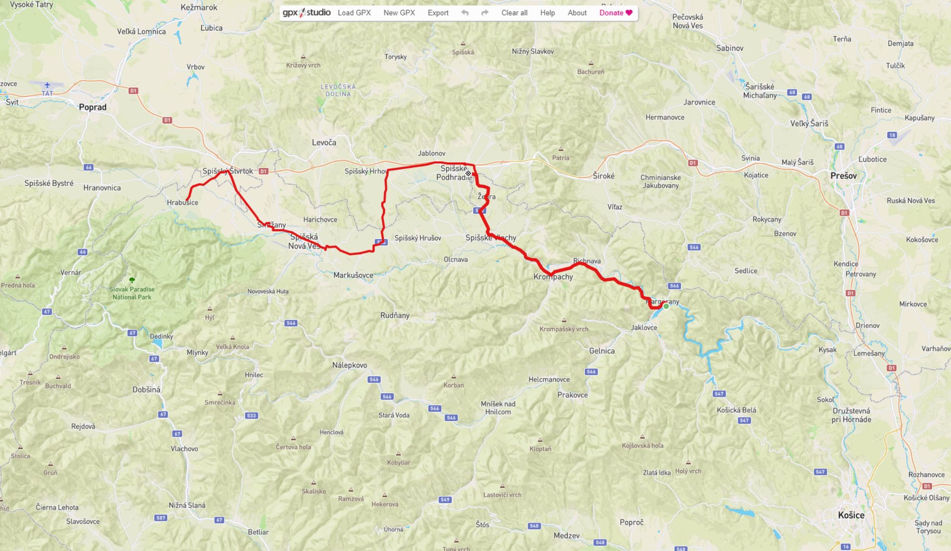 Image shows the route on day 5 from Margecany to Spišské Tomášovce