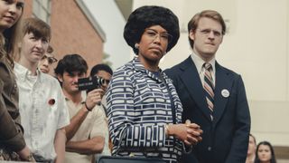 Regina King's Shirley Chisholm and Lucas Hedges' Robert Lottlieb look at something off-camera in Shirley, one of March's new Netflix movies