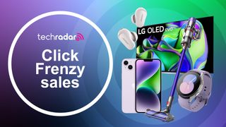 An LG OLED TV, Dyson V11 vacuum, Samsung smartwatch and iPhone 14 are all placed on a green and purple background. Text beside the products reads ‘Click Frenzy sales’.