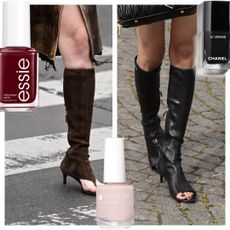 collage of open toed boots with pedicure nail polish