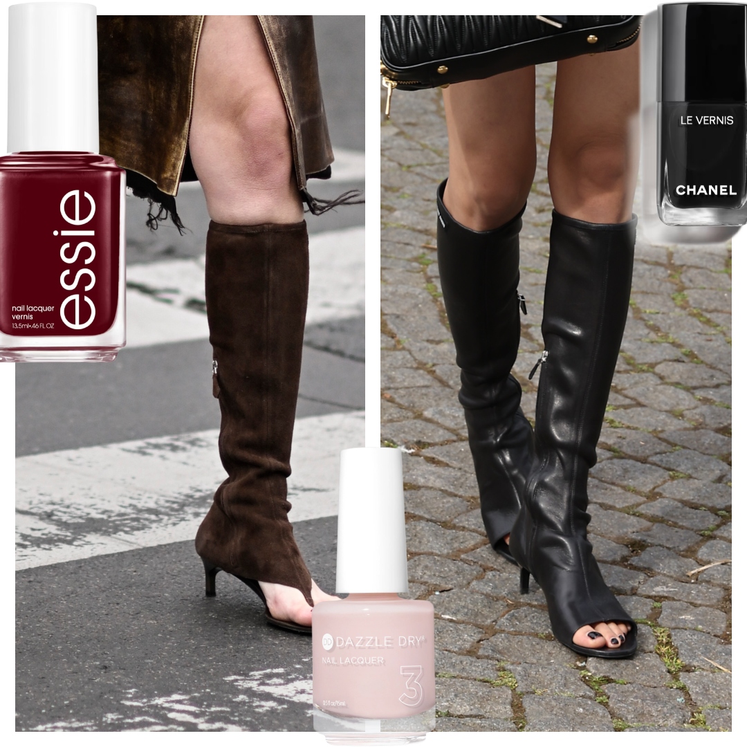 collage of open toed boots with pedicure nail polish