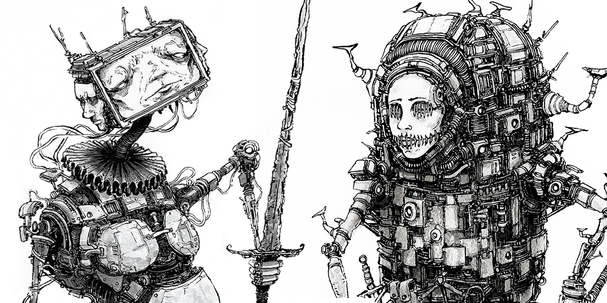 Black-and-white ink drawings of robot character designs