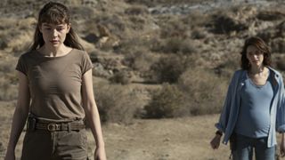 Maggie Mitchell (Katharine O'Donnelly) and a heavily pregnant Rachel Russo (Olivia Morris) in the desert in The Head season 3