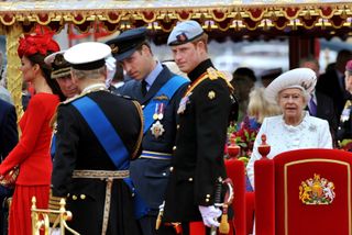 Prince Harry, Catherine, Duchess of Cambridge, Prince William, Duke of Cambridge, Prince Philip, Duke of Edinburgh, Prince Charles, Prince of Wales and Queen Elizabeth II onboard the Spirit of Chartwell during the Diamond Jubilee Pageant on the River Thames