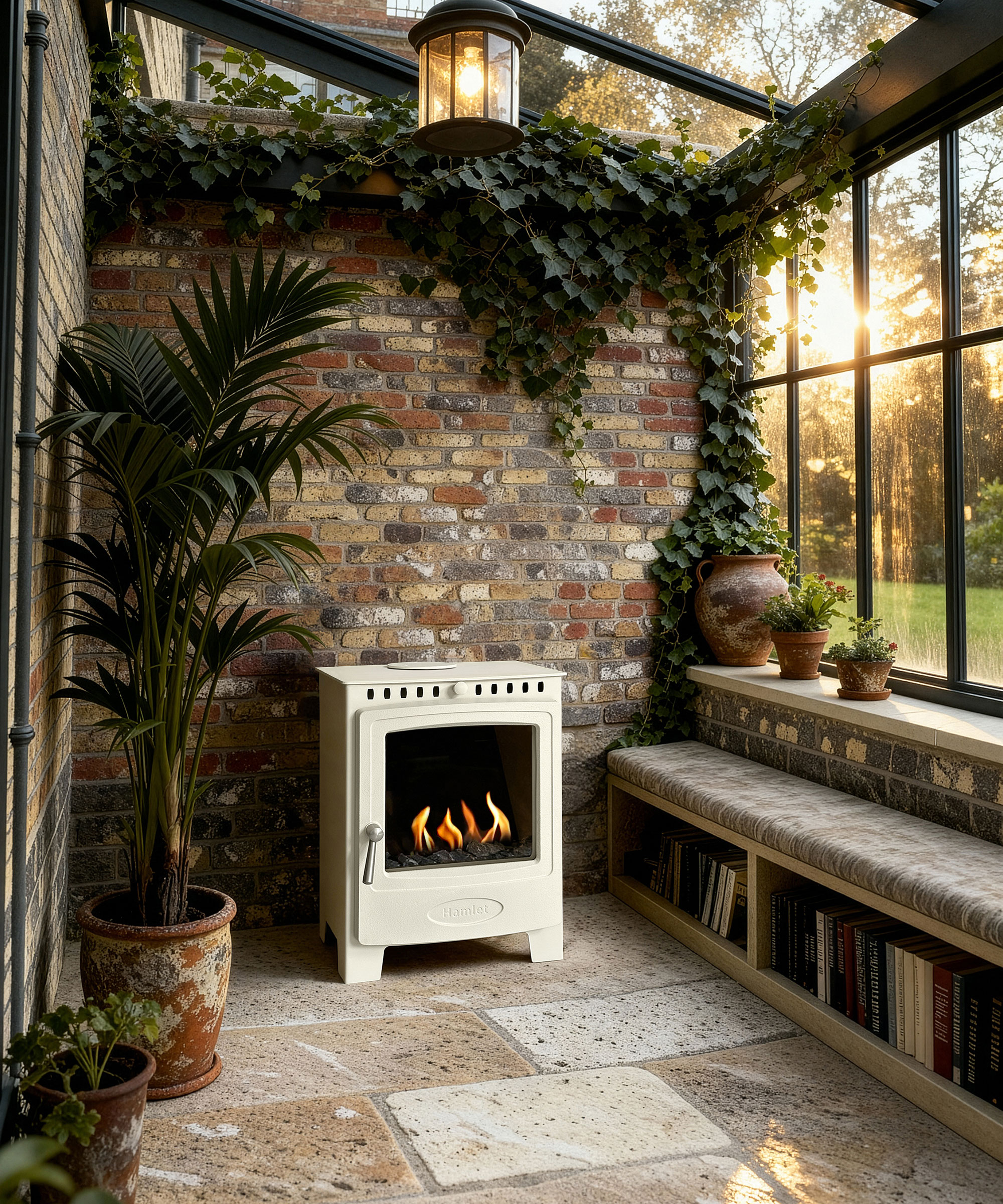 cream log burning stove in small conservatory