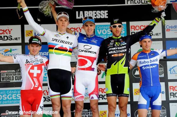 La Bresse World Cup elite men's podium: Florian Vogel (Scott Swisspower), Jaroslav Kulhavy (Specialized), Julien Absalon (Orbea), Ralph Naef (Multivan Merida), Fabian Giger (Rabobank)