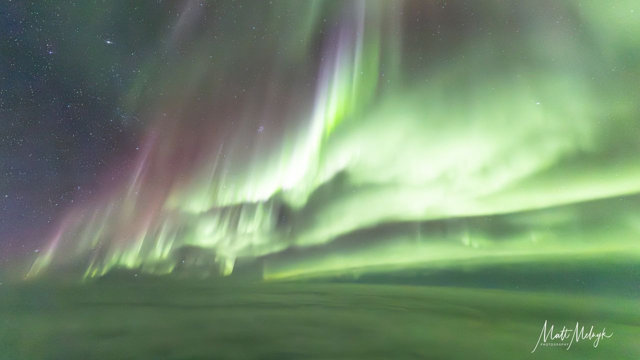 ribbons of green and purple light fill the sky in photos captured above the clouds from a dreamliner airplane.