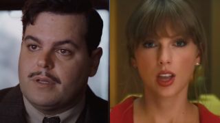 Josh Gad in Murder on the Orient Express and Taylor Swift in Anti-Hero Music Video side by side