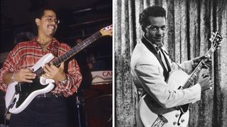 Left- Carlos Alomar at club Le Bar Bat on October 1993 in New York City; Right-Rock and roll musician Chuck Berry poses for a portrait holding a Gibson hollowbody electric guitar in a scene from the movie &quot;Go Johnny Go&quot; which was released in June of 1959 in Los Angeles, California