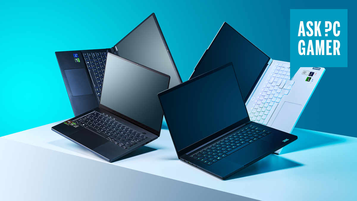 A group of gaming laptops on a blue background.