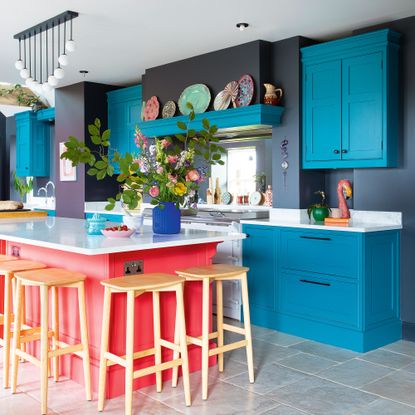 Blue and red two tone kitchen