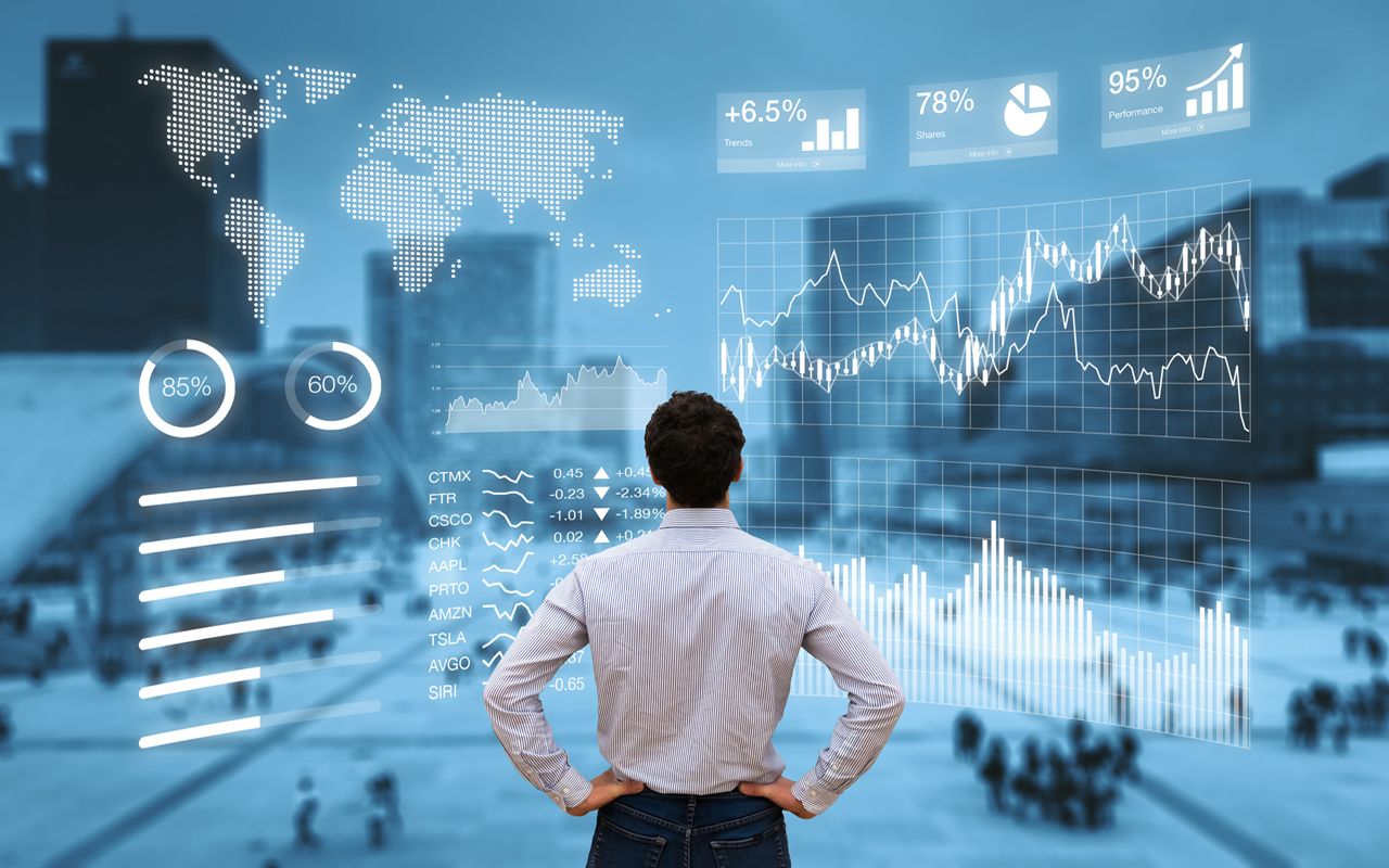 Person analyzing a financial dashboard with key performance indicators (KPI) and business intelligence (BI) charts with a business district cityscape in background