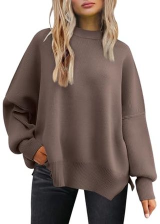 Lillusory Women's Oversized Batwing Sweaters 2024 Fall Outfits Crewneck Ribbed Knit Side Slit Trendy Pullover Tops Nutmeg M