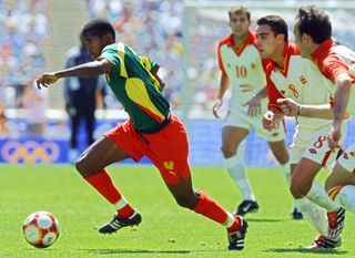 Samuel Eto'o gets away from Gabri, Xavi and Jesus Maria Lacruz to score for Cameroon against Spain in the 2000 Olympic final in Sydney.