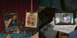 Two scenes from The Body Shop Self Love advert, on the left is one woman in lingerie painting a self portrait and on the left is a young female guitar player