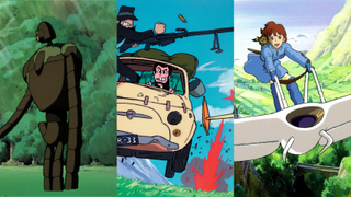 Several of Miyazaki's works from the early 1980s and late 70s, including The Castle of Cagliostro, Nausicaa of the Valley of the Wind, and Castle in the Sky.