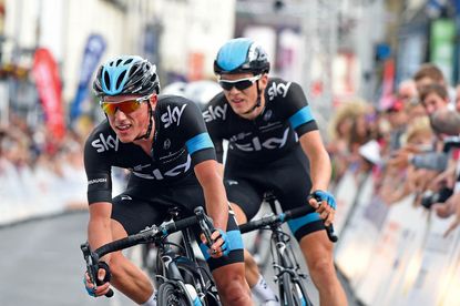 Team Sky team-mates Peter Kennaugh and Ben Swift duel it out in the finale to the National Road Race Championships in Abergavenny. Kennaugh just outsprinted Swift to take the title. 