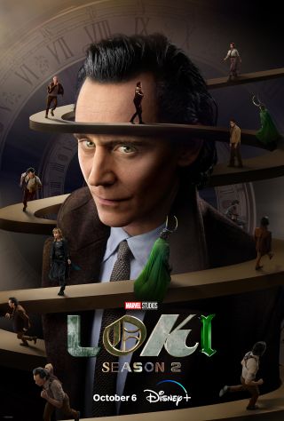 Tom Hiddleston, surrounded by twisty walkways with other characters walking, for Loki.