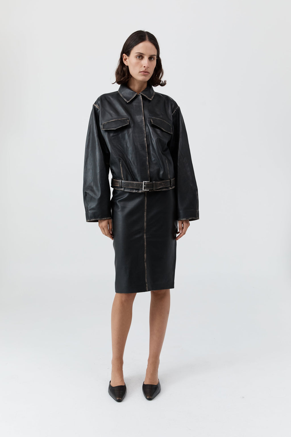 Brushed Leather Belted Jacket - Black