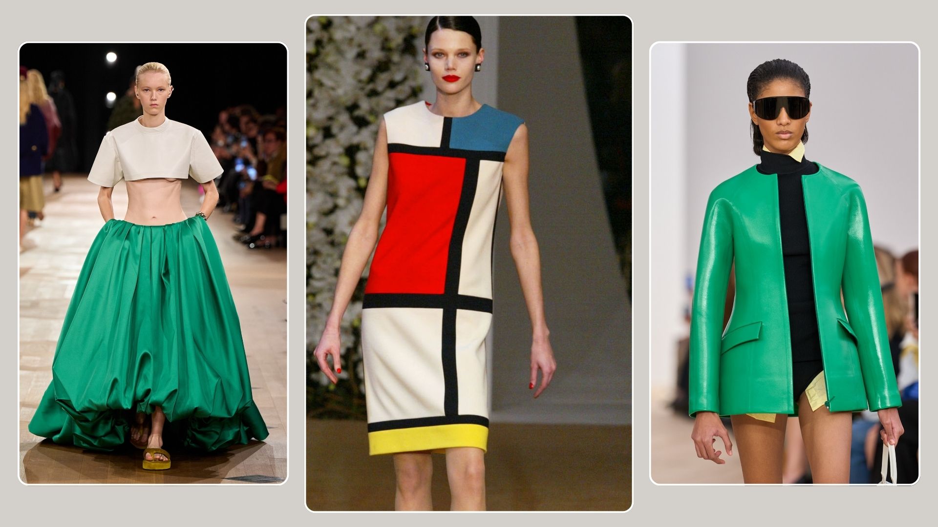Three runway images of the colour blocked trend 2026.
