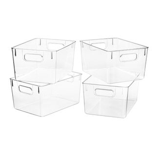 Four large plastic storage bins stacked on top of each other