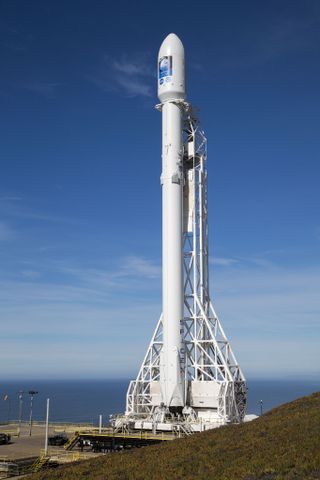 A SpaceX Falcon 9 rocket stands atop a launch pad at Vandenberg Air Force Base in California ahead of its planned Jan. 17, 2016 launch of the Jason-3 ocean-mapping satellite for NASA and NOAA.