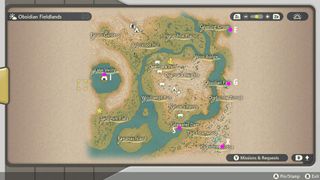 Map of the Unown locations in Obsidian Fieldlands in Pokemon Legends: Arceus
