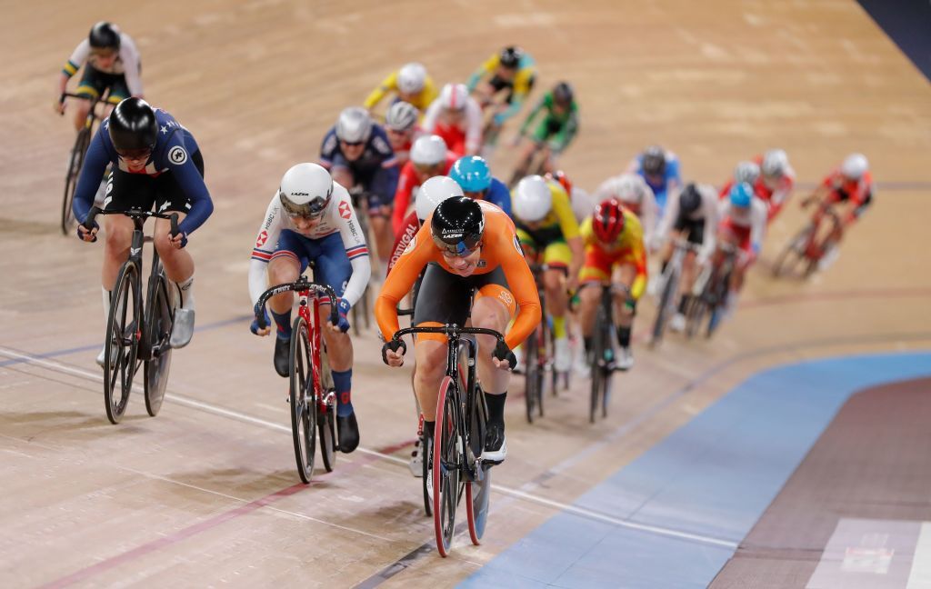 Netherlands Kirsten Wild R competes to win the womens 10 km scratch race final at the UCI track cycling World Championship in Berlin on February 26 2020 Photo by Odd ANDERSEN AFP Photo by ODD ANDERSENAFP via Getty Images