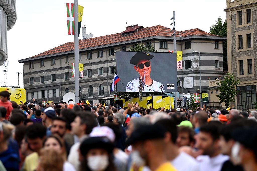 BILBAO SPAIN JULY 01 A screen shows to Esteban Chaves of Colombia and Team EF EducationEasyPost prior to the stage one of the 110th Tour de France 2023 a 182km stage from Bilbao to Bilbao UCIWT on July 01 2023 in Bilbao Spain Photo by Tim de WaeleGetty Images