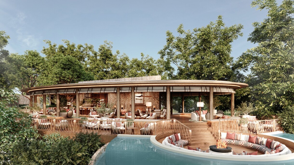 CGI image of an open sided living room in the African bush