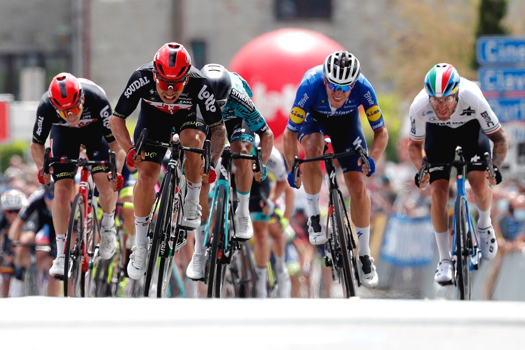 HAMOIR BELGIUM JUNE 12 Caleb Ewan of Australia and Team Lotto Soudal Bryan Coquard of France and Team BB Hotels PB KTM Davide Ballerini of Italy and Team Deceuninck QuickStep Giacomo Nizzolo of Italy and Team Qhubeka Assos sprint at arrival during the 90th Baloise Belgium Tour 2021 Stage 4 a 1527km stage from Hamoir to Hamoir baloisebelgiumtour on June 12 2021 in Hamoir Belgium Photo by Bas CzerwinskiGetty Images