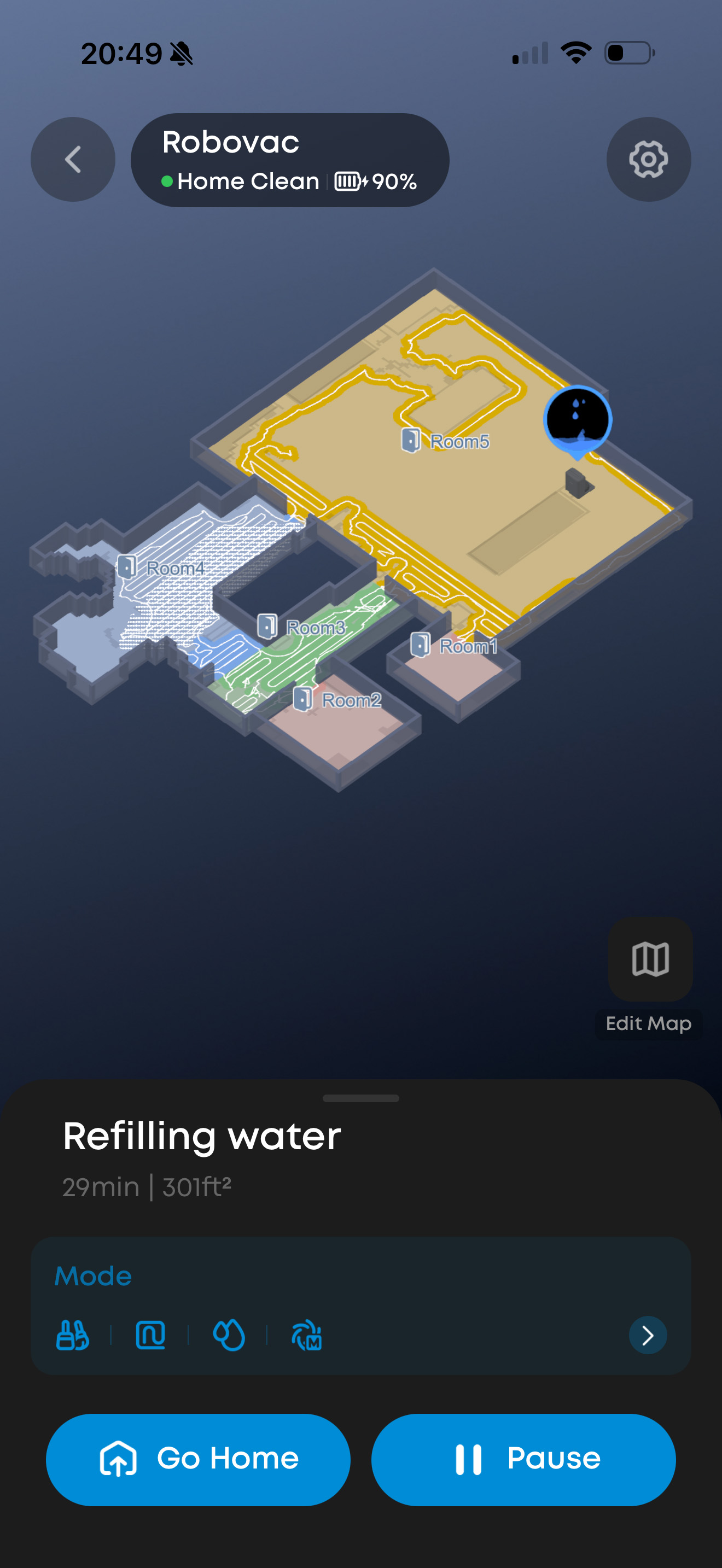 eufy Omni C28 app showing active cleaning session with refill water status and controls