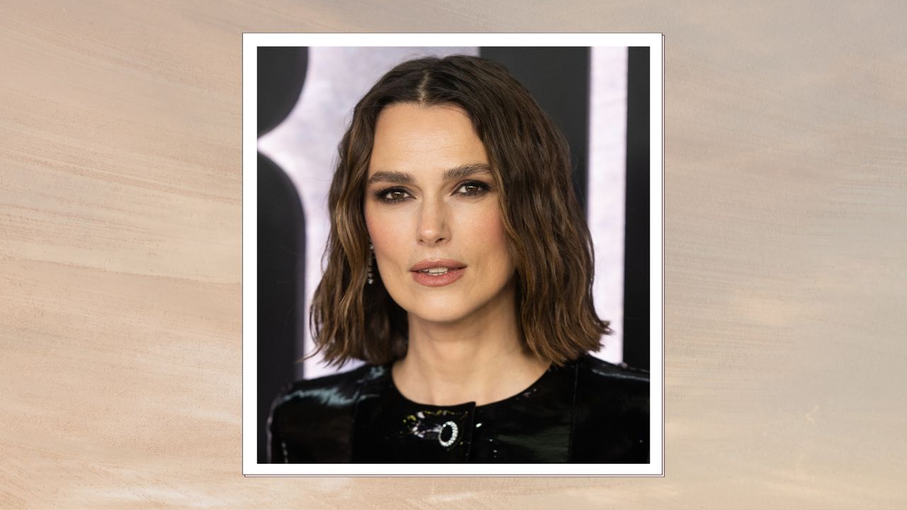 Keira Knightley is pictured with a softly waved bob hairstyle at the &quot;Black Doves&quot; Season One World Premiere at the BFI Southbank on December 03, 2024 in London, England/ in a beige to grey sunset-style template