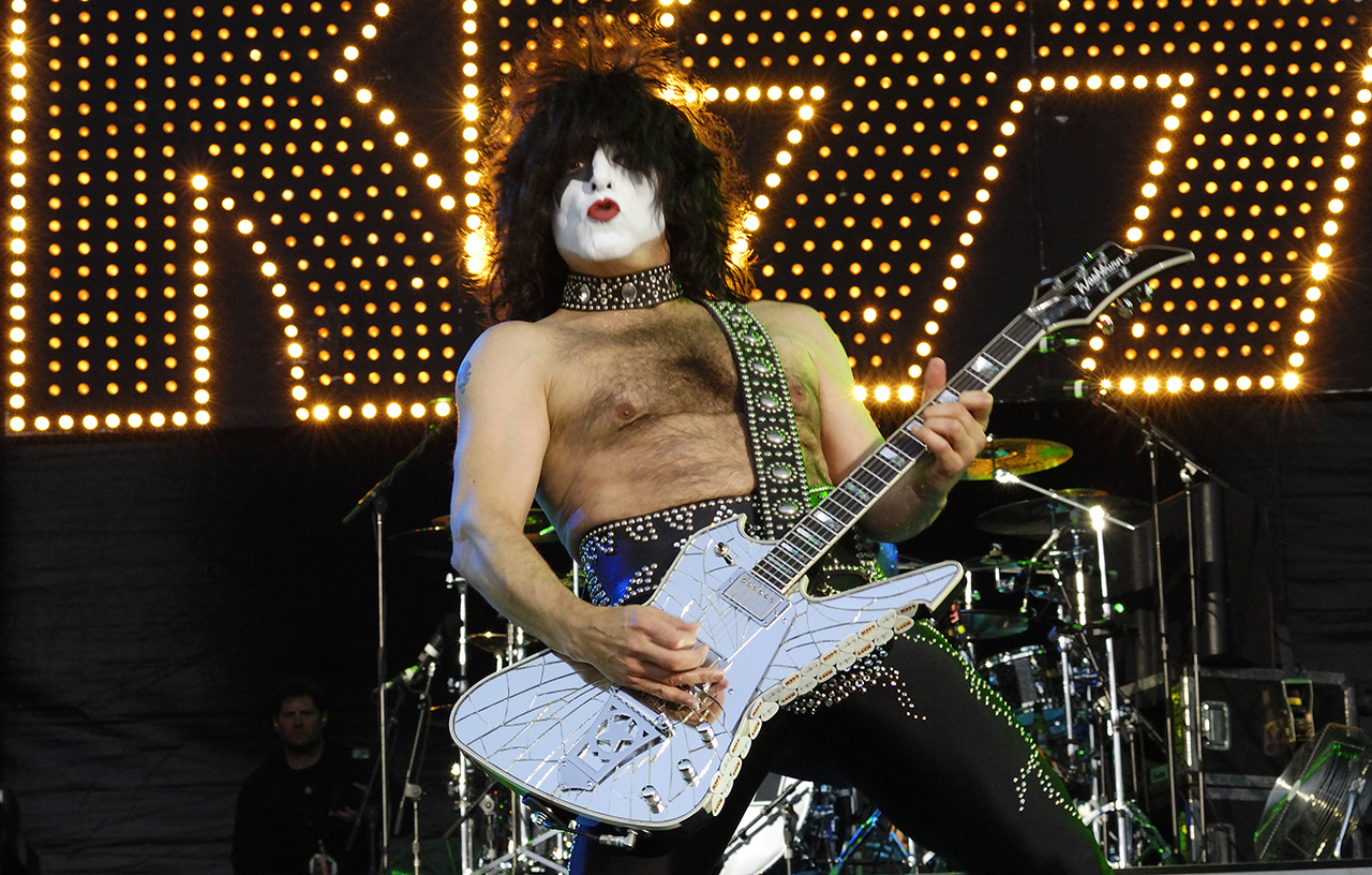 Paul Stanley wields his signature Ibanez Iceman onstage with Kiss