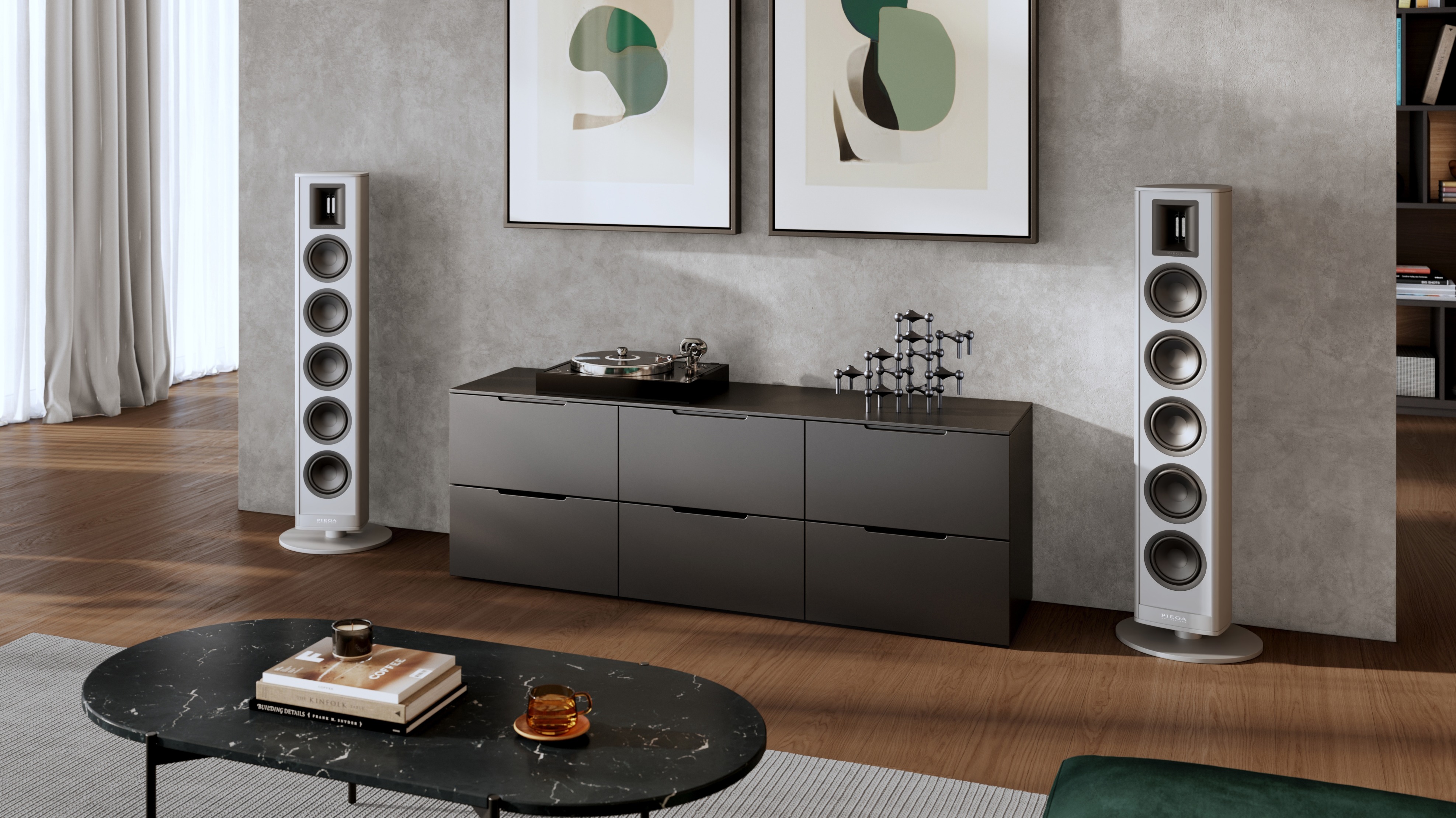 Piega Premium 801 floorstanding speakers in white in a lifestyle setting