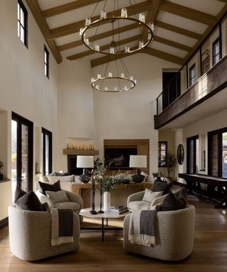 neutral open plan living space with high ceilings