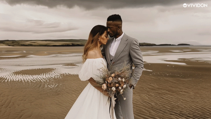 Animation of the Vividon relighting plug-in, demonstrating curated lighting for a wedding portrait of a bride and groom outdoors in the desert