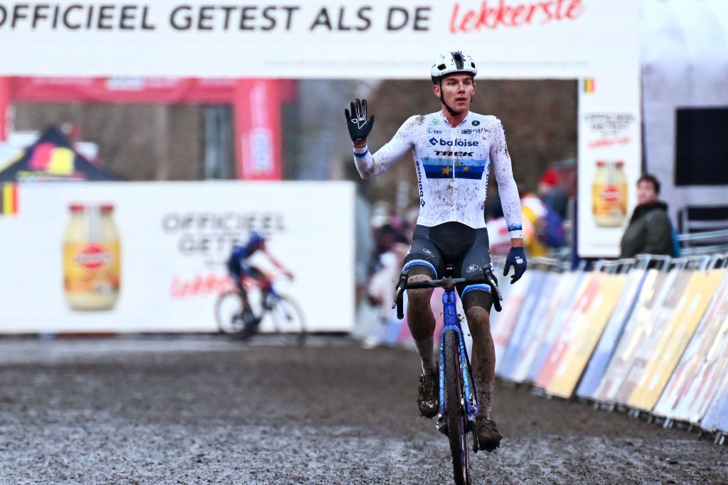 GAVERE BELGIUM DECEMBER 26 Thibau Nys of Belgium and Team Baloise Trek Lions crosses the finish line on third place during the 3rd UCI Cyclocross World Cup Gavere 2024 Mens Elite on December 26 2024 in Gavere Belgium Photo by Luc ClaessenGetty Images
