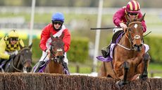 Jockey Jack Kennedy rides on Minella Indo to take first place ahead of second-placed jockey Rachael Blackmore on A Plus Tard (C) and third-placed jockey Paul Townend on Al Boum Photo during the WellChild Cheltenham Gold Cup Chase race on Day Four of the Cheltenham Festival at Cheltenham Racecourse, in Cheltenham, England on March 19, 2021. (Photo by Alan Crowhurst / POOL / AFP) (Photo by ALAN CROWHURST/POOL/AFP via Getty Images)