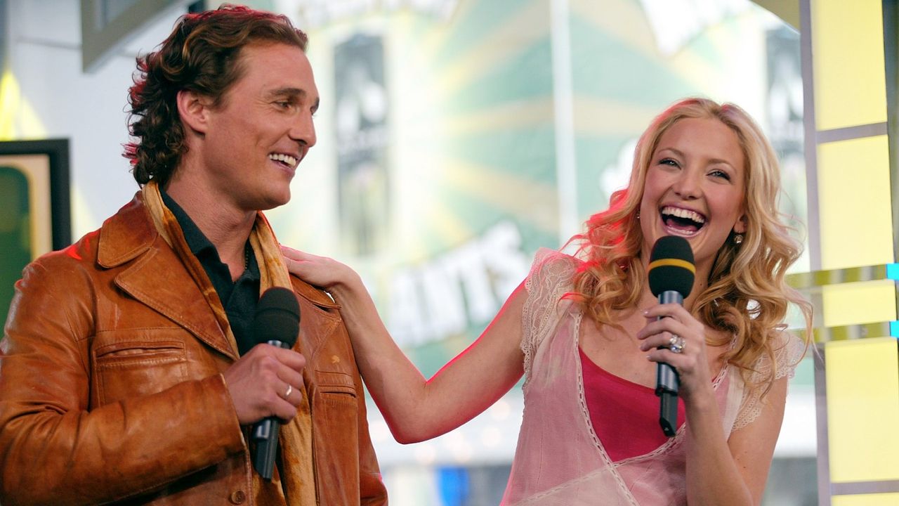 NEW YORK - FEBRUARY 3: Actress Kate Hudson and actor Matthew McConaughey laugh during an appearance on &quot;TRL&quot; February 3, 2003 at the MTV Times Square Studios in New York City. (Photo by Scott Gries/Getty Images)