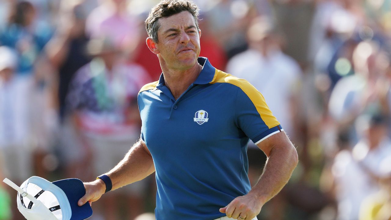 Rory McIlroy celebrates after Team Europe win the Ryder Cup at Marco Simone