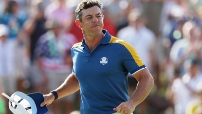 Rory McIlroy celebrates after Team Europe win the Ryder Cup at Marco Simone