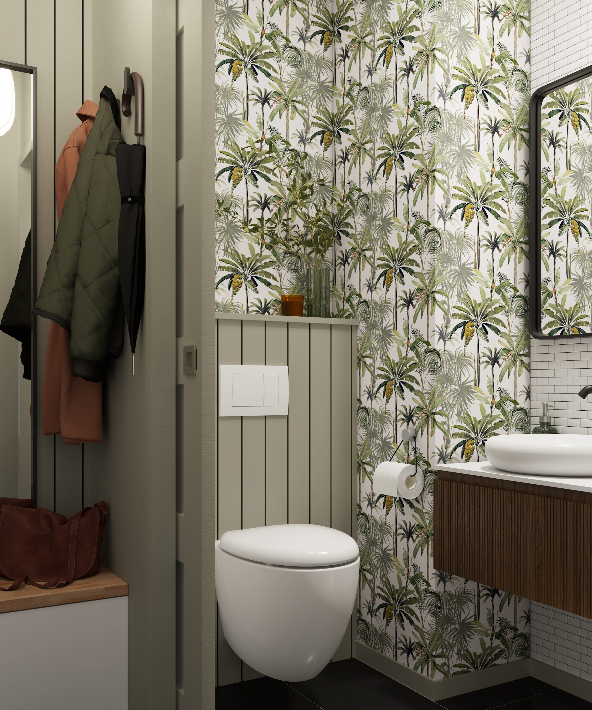 Understairs toilet idea with wallpaper and panels