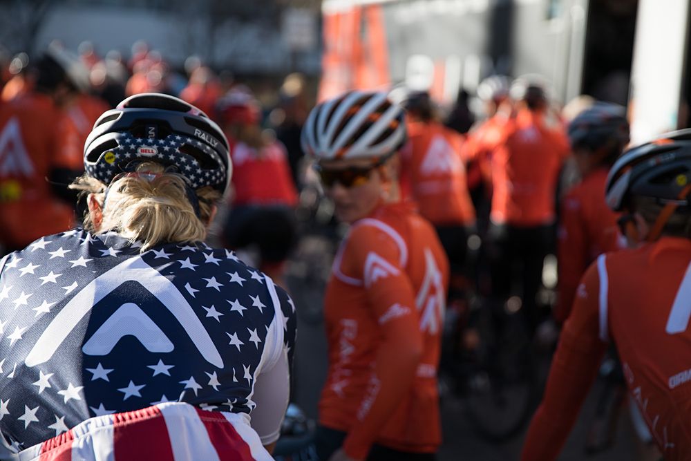 Erica Allar in US Pro crit champ jersey at Rally Cycling team camp in California