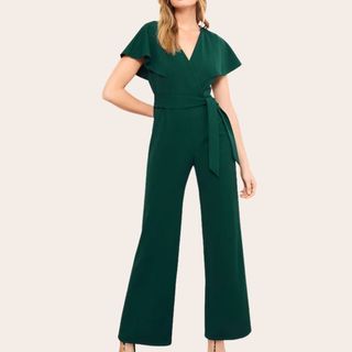 Friends Like These Green Short Frill Sleeve Scuba Wrap Jumpsuit