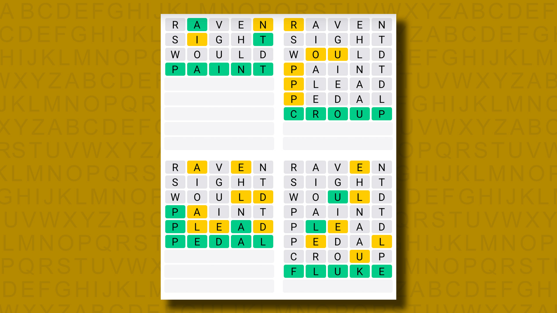 Quordle answers for game 1207 on a yellow background